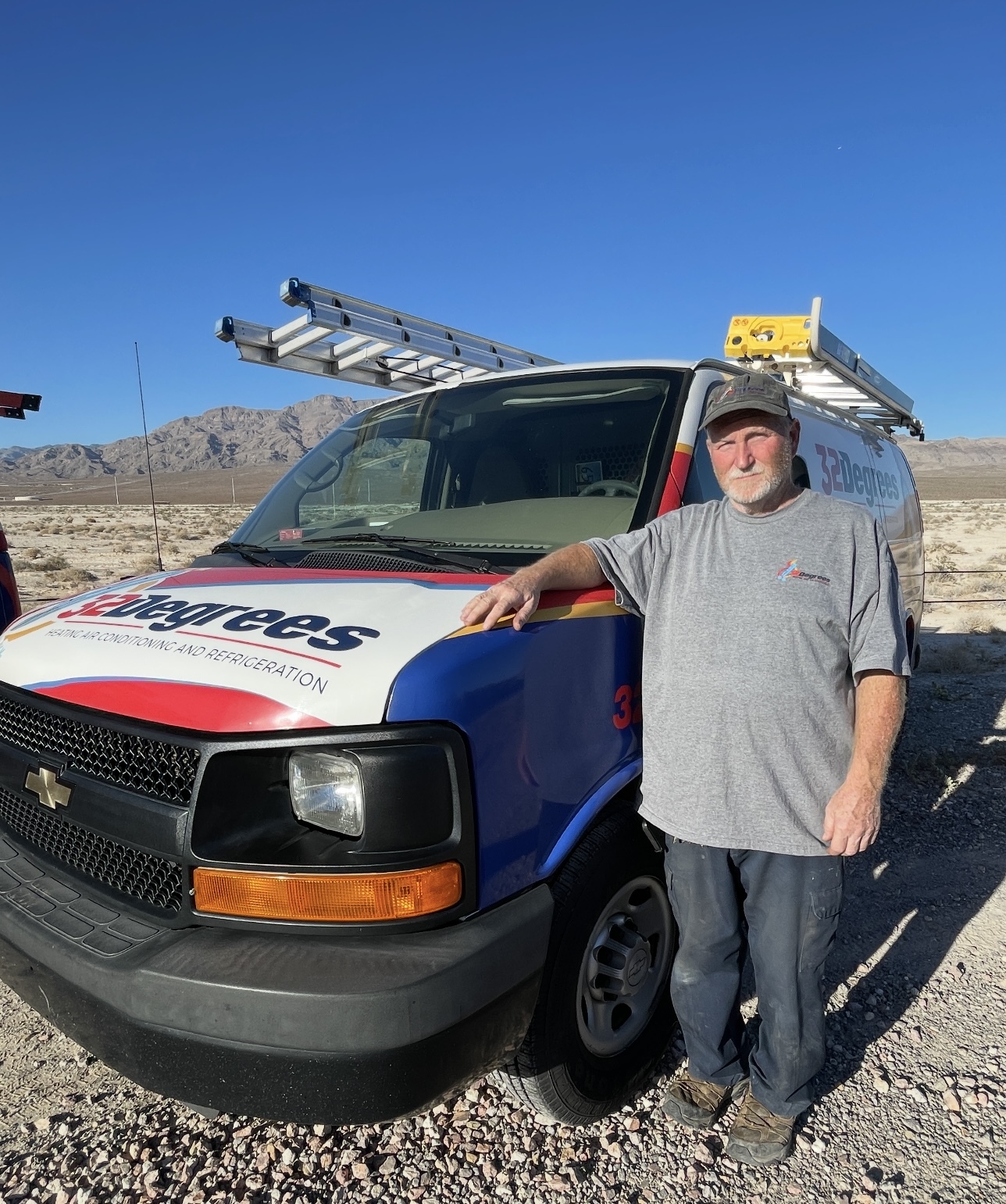 Heating, Furnace & AC Repair in Las Vegas, NV Andy standing beside a 32 Degrees service van.