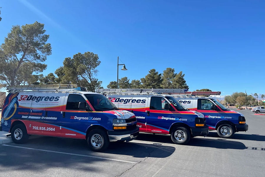 32 Degrees HVAC service vans parked in Las Vegas