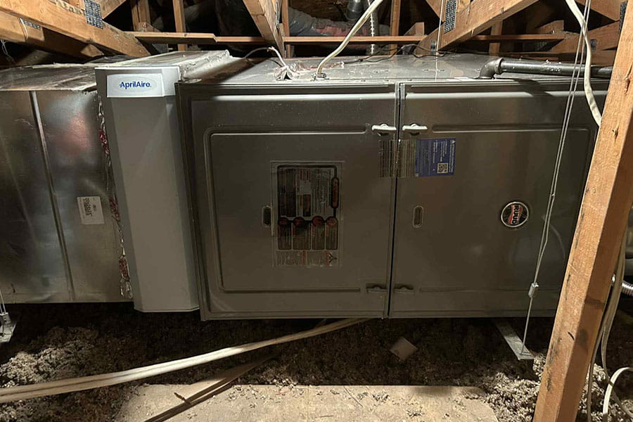Ruud attic furnace with Aprilaire air cleaner installed in Las Vegas, NV