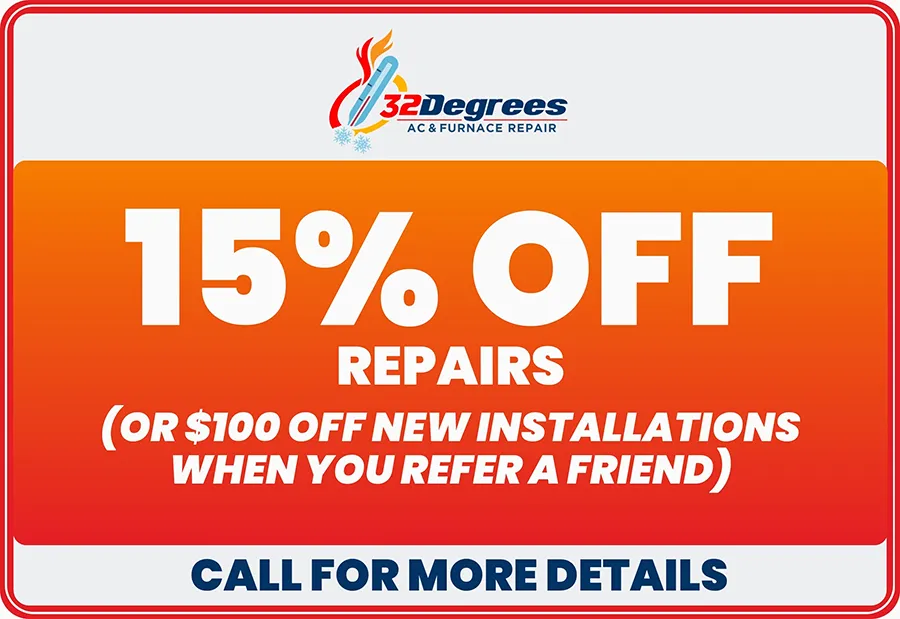 32 Degrees AC & Furnace Repair referral offer with 15% off repairs or $100 off new installations